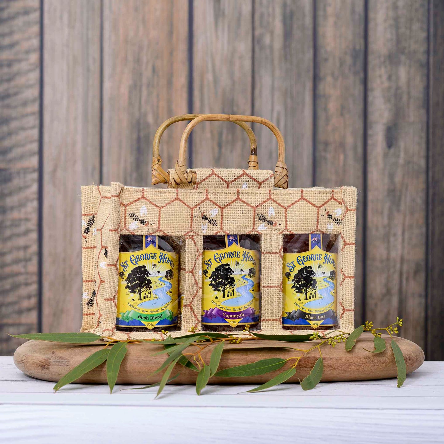 Gift Pack - 3 x 500g Australian Glass Hex in Jute Carry Bag